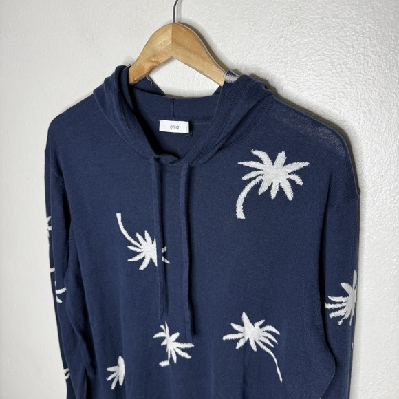 Onia Blue Cotton Hoodie Sweater Hooded Pullover Mens Large Knit Palm Trees Beach - Picture 2 of 12